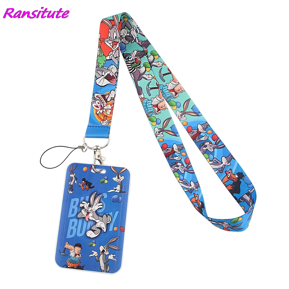 Ransitute-Llavero con dibujos animados de conejo para niños, tarjeta titular de la identificación, coche, gimnasio, teléfono, insignia, joyería de Soporte para Llavero, R1496