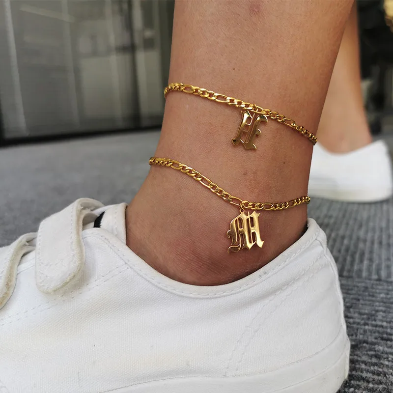Old English Single Letter Anklet by Beceff\u00ae \u2022 Bespoke Jewelry For Casual Outfits \u2022 Unique Classic Simple Looking Footwear Jewelry For Women