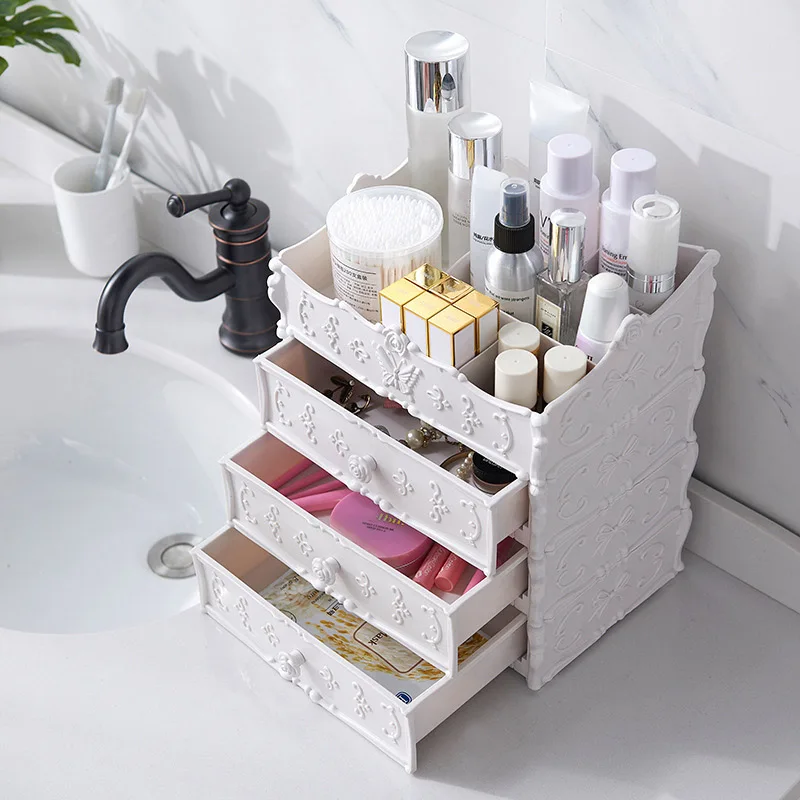 Hot New Dressing Table 3 Drawer Makeup Holder Storage Box Transparent Square Bow Pattern Lipstick O
