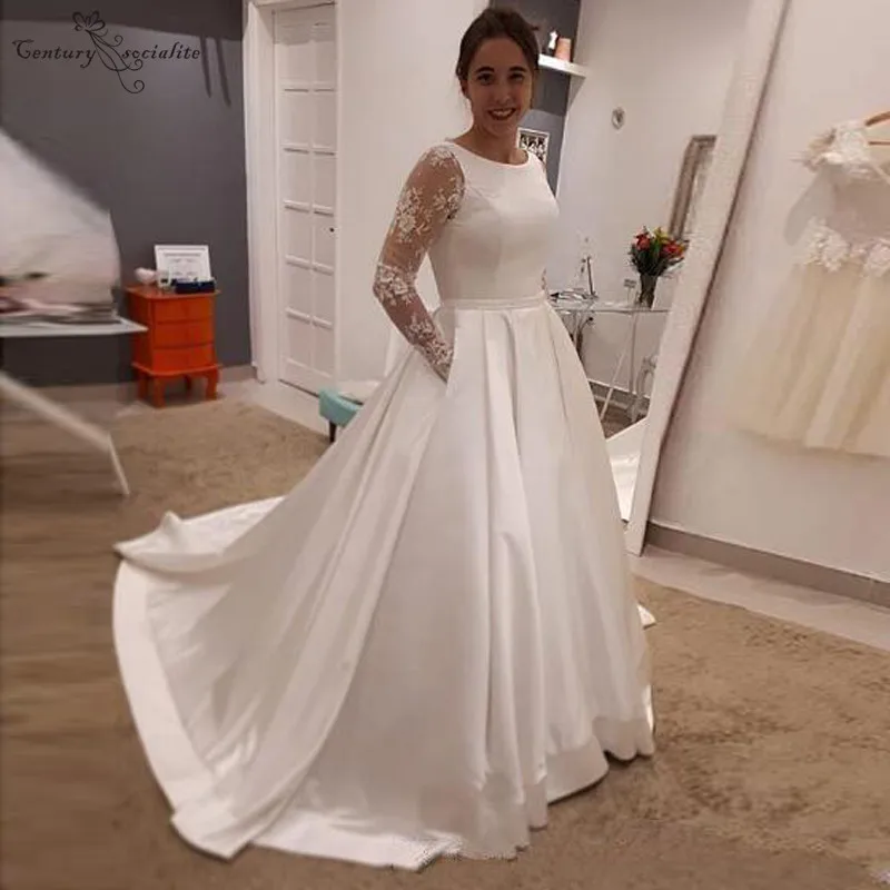 

Lace Wedding Dresses 2020 Long Sleeves Pockets A-Line Illusion Satin Bridal Gown Bride Dress Robe De Mariee Cheap
