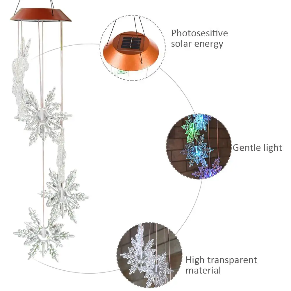 LED Solar Snowflake Pattern Wind Chime Garden Decoration Aeolian Bells