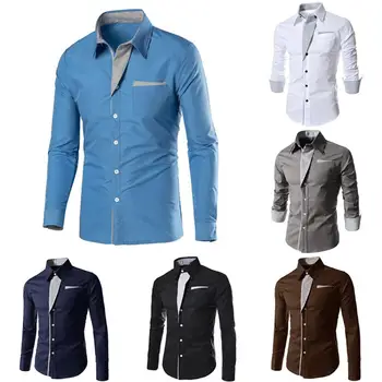

Fashion Men Stand Collar Long Sleeve Color Block Button up Shirt Slim Fite Top
