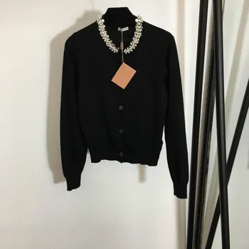 

MM004 solid black sweater Hand set diamond beading pearl Sequins O-neck long sleeve single breasted women Knitted cardigan M5