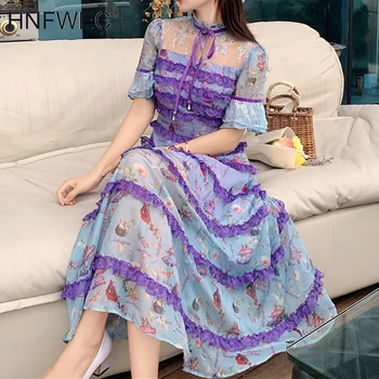 

Hollow Out Lace Print Dress Women High Waist Ruffled Summer Purple Dress Lady Spring Chic Slim Fit Party Dress Vestidos K011
