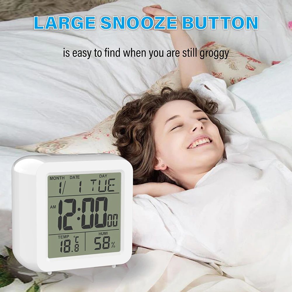 Digital Desktop LCD Snooze Calendar Alarm clock White Bedroom Watch with Thermometer & Hygrometer for Home Battery Operated digital clock table clock weather clock lcd digital clock digital desk clock digital table clock