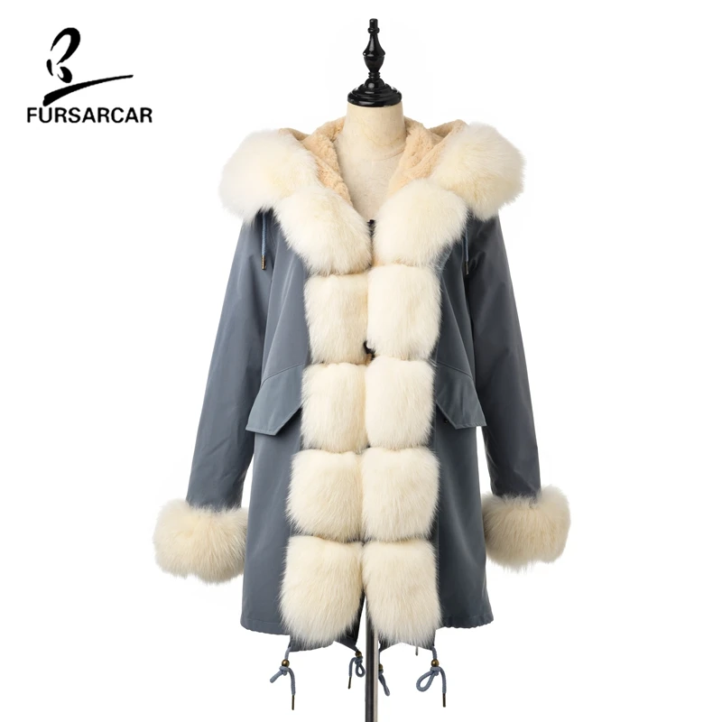 FURSARCAR 2019 Новый высокое качество Для женщин зимние куртки и пальто с настоящим подкладка из кроличьего меха и Лисий меховой воротник Женская