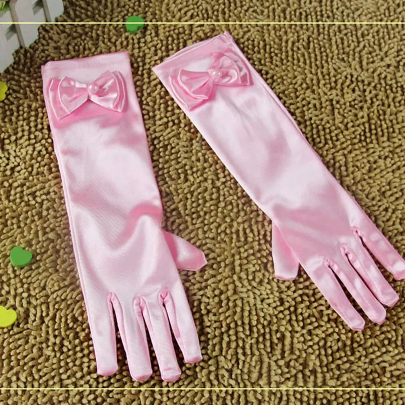 Атласные свадебные перчатки для девочек, Длинные Аксессуары для косплея принцессы, свадебное платье, перчатки с бантом, костюм, подарок на день рождения, розовый цвет