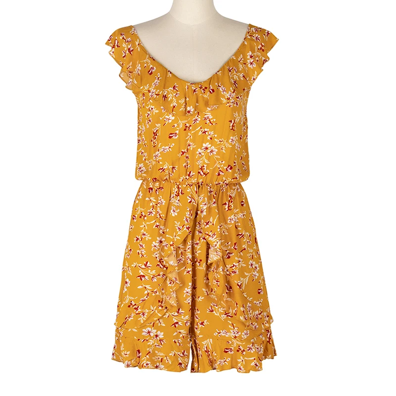 

2020 Summer V-neck Open Back Ruffled Pleated Slim Tank Top Jumpsuit Sleeveless Flower Print Jumpsuit Sexy Elastic Waist Jumpsuit