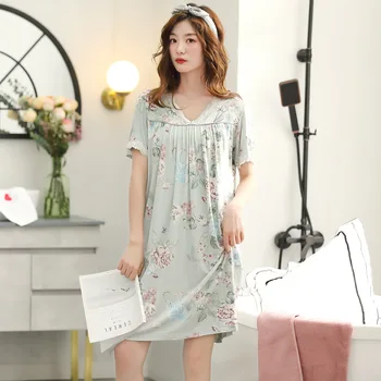 

Nightdress Women's Modal Short Sleeve Mid Skirt Women's Summer Pajamas Bathrobe Women Nuisette Femme Ropa De Mujer