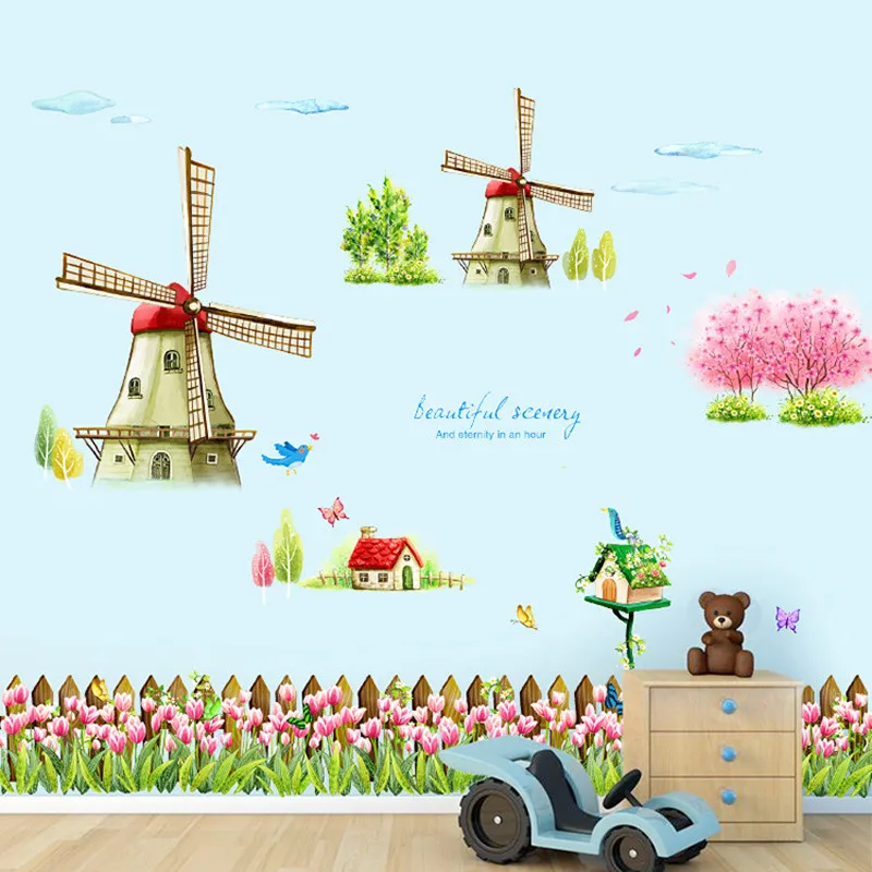 

ZOLLOR New Removable Green Wall Stickers Living Room Home Decoration Tulip Windmill Vinyl Mural Art Wall Decals Flower Sticker