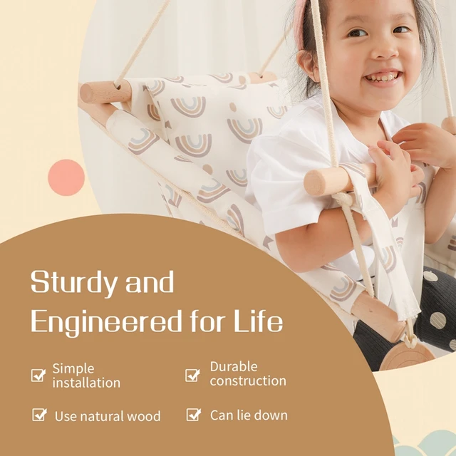 Soft Cushion Baby Swing Recline Wood Rocking Chair Hammock Safety Outside Indoor With Cute Animals Pendant For Baby Rocker 6