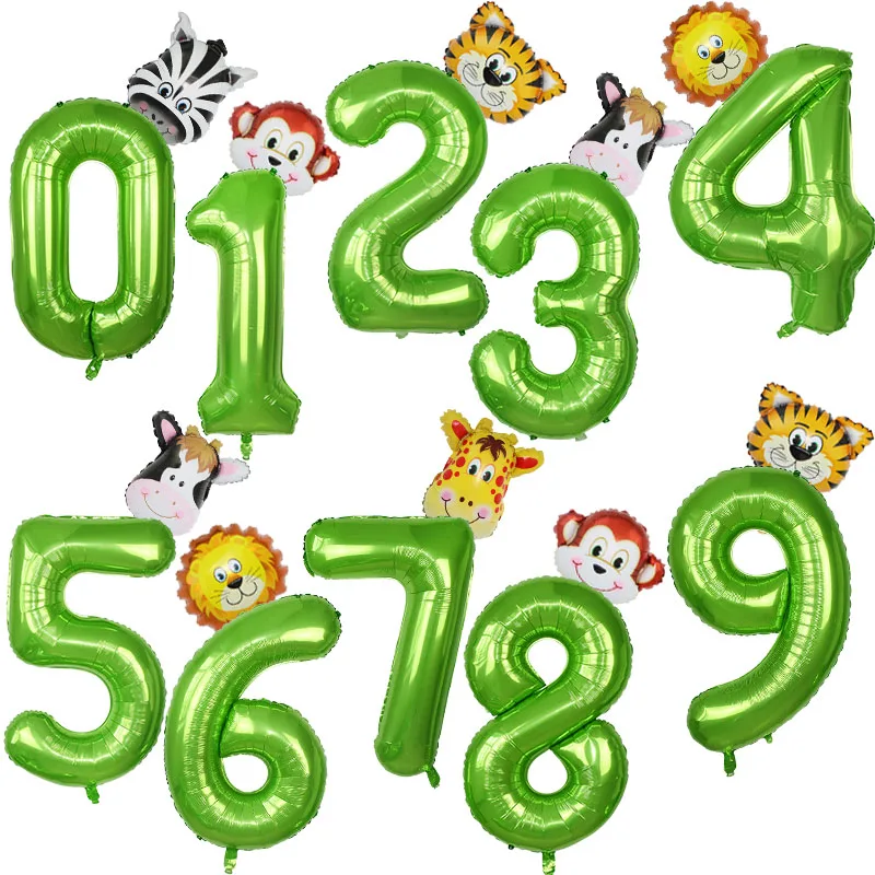 

2pcs/set 40inhc Green Number Foil Balloons Jungle Animal Tiger Lion Monkey Giraffe Balloon Birthday Party Baby Shower Decoration