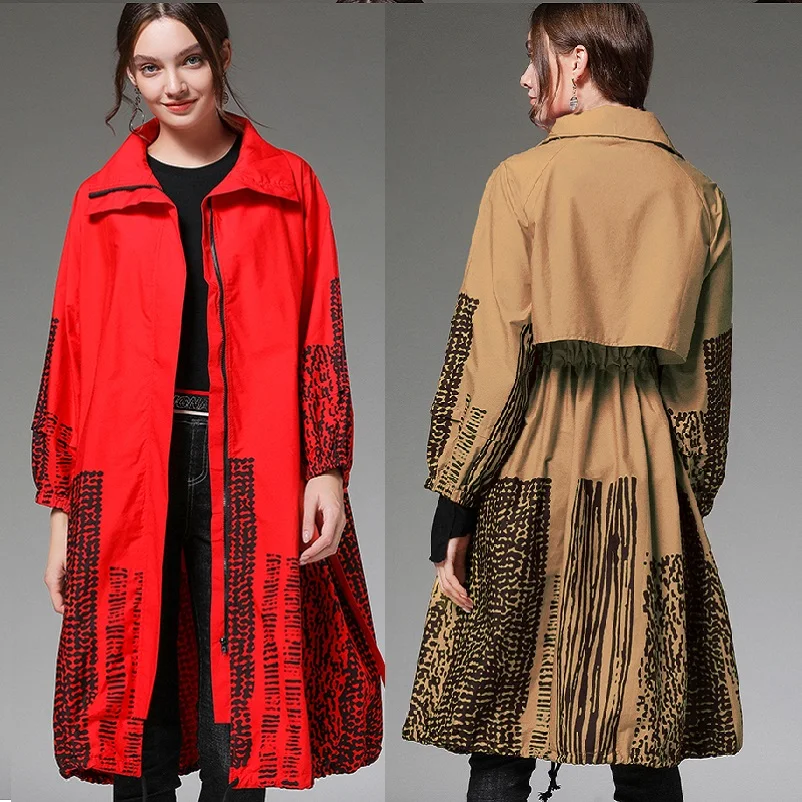 

Autumn Fashion cotton trench coat Plus size outwear Female Long sleeve printed loose fit waist belt windbreaker outfits XL-XXXXL