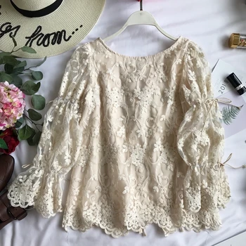 

New Spring Women Lace Mesh Crochet Hollow Out Lace-up Closure Loose Blouse Shirt Elegant Ladies Long Lantern Sleeves Suits