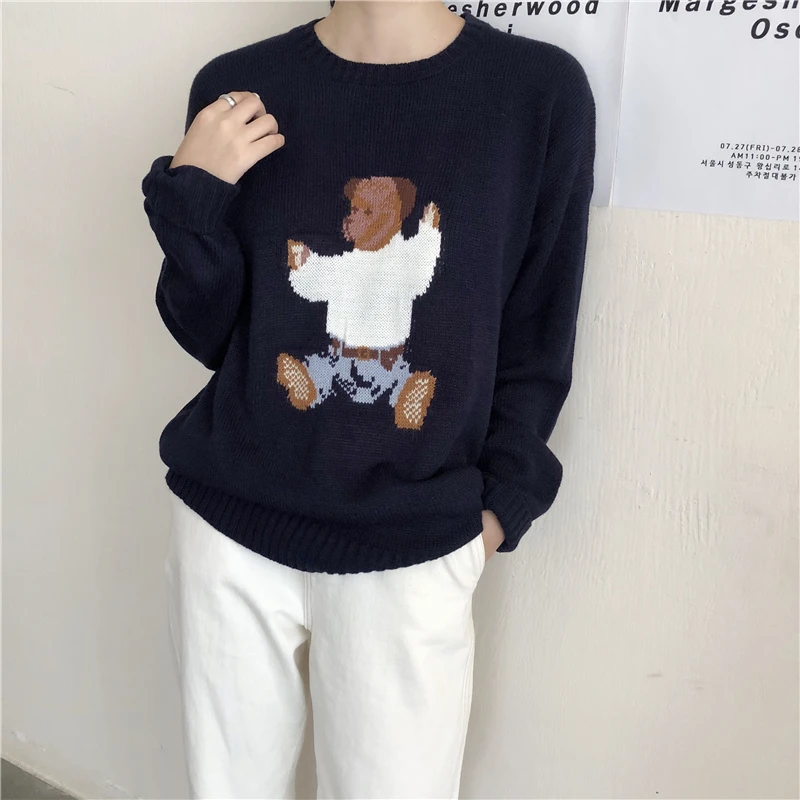 Осень и зима, Новое поступление, корейский стиль, круглый вырез, мультяшный медведь, вязаные свитера, женские пуловеры, женские(B8667