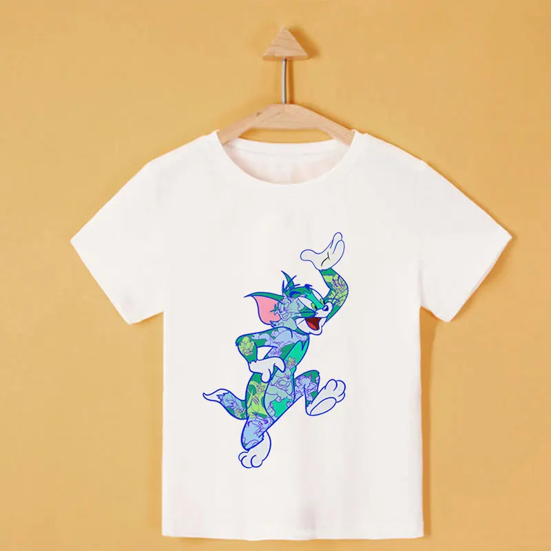 Новая летняя футболка с изображением кошки и мышки 2020 г. Футболки для мальчиков