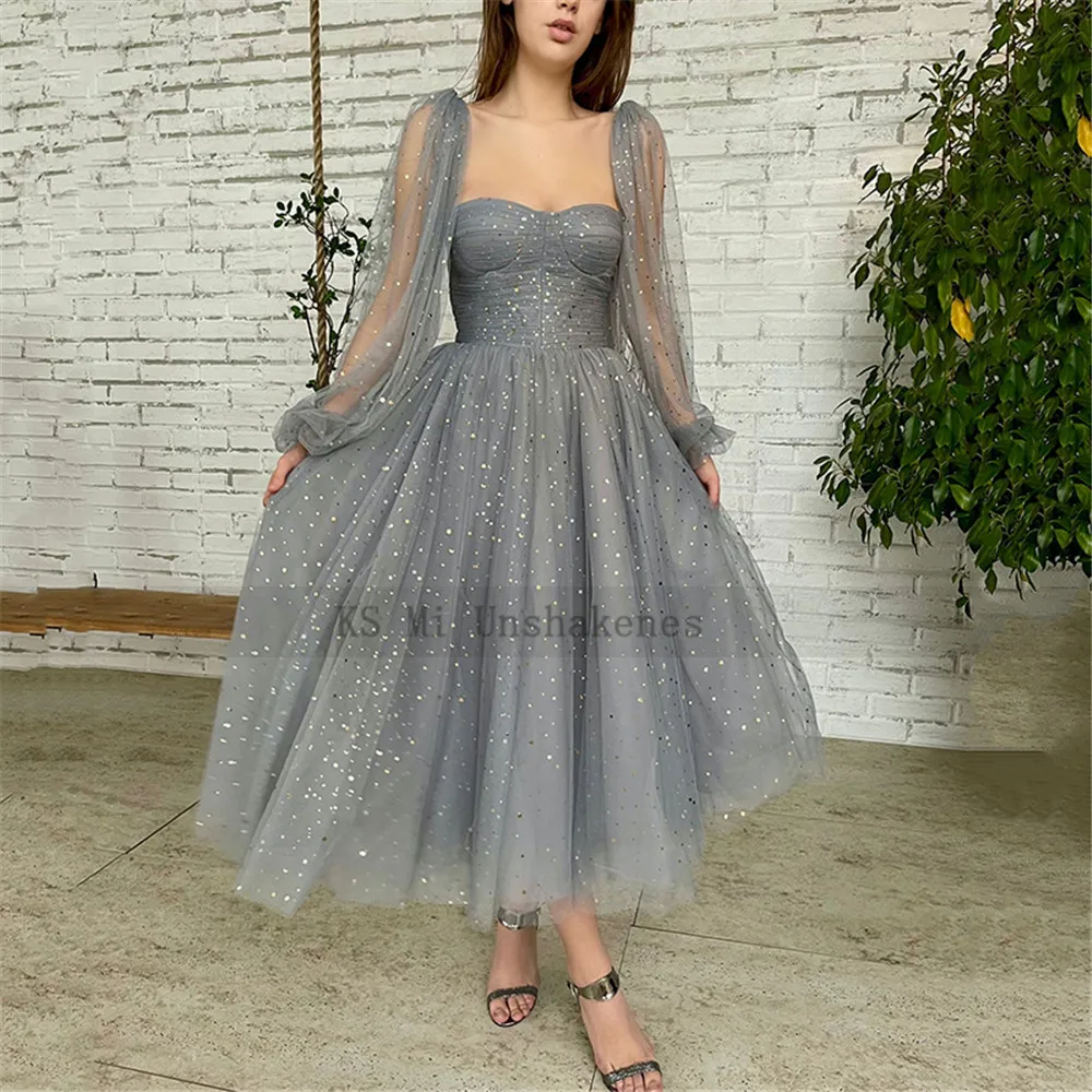 Starry Tulle Gray Prom Dresses Capelet Midi-length Wedding Party Dress Puff Long Sleeve Cheap Homecoming Christmas Gowns 2022 navy blue prom dresses