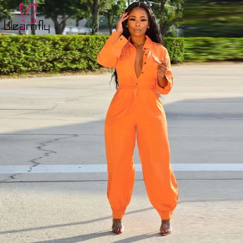 

Autumn Fall Women Solid Color Button Turn-down Neck Long Sleeve Jumpsuit High Waist Sashes Safari Romper Elegant Playsuit 2019