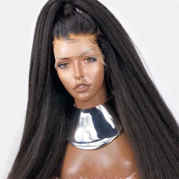 

300% High Density Fake Scalp Front Human Hair Wigs Kinky Straight Wig Remy Hair Bleached Knots Hair Brazilian Lace for Women