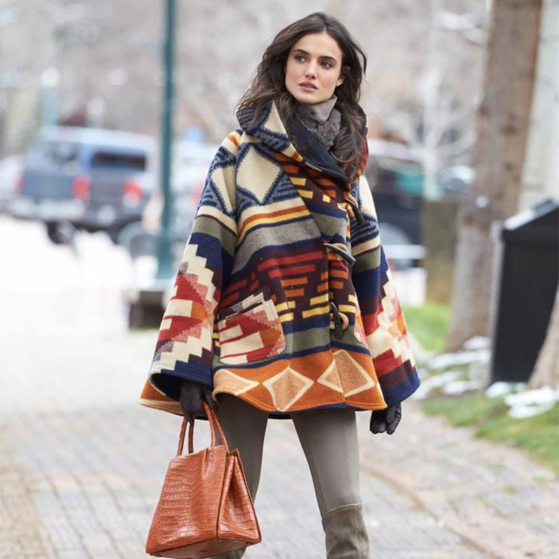 

Zoulv 2020 Casual Oversized Loose Horn Button Wool Coat Female Warm Tops Vintage Print Hooded Long Jacket Women Autumn Winter