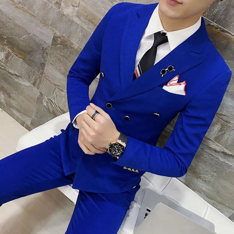 Blazer + Pant / 2020 Royal Men's Suit Groom Tuxedo Slim Fit 2-Pack Fashion Double-Breasted Pure Color Classic Men's Suit Hommes Blazer + Pant / 2020 Royal Men's Suit Groom Tuxedo Slim Fit 2-Pack Fashion Double-Breasted Pure Color Classic Men's Suit Hommes