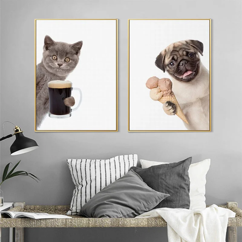 Cute-Pug-Dog-And-Cat-Canvas-Painting-Wall-Art-Funny-Animals-Hold-Winebowl-Poster-Prints-Wall