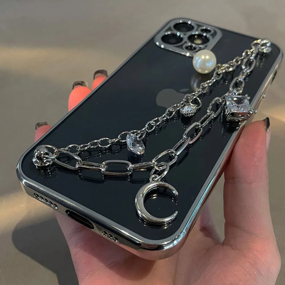 Elegant Bling Crystal Wrist Chain Phone Case with 6D Plating Pearls