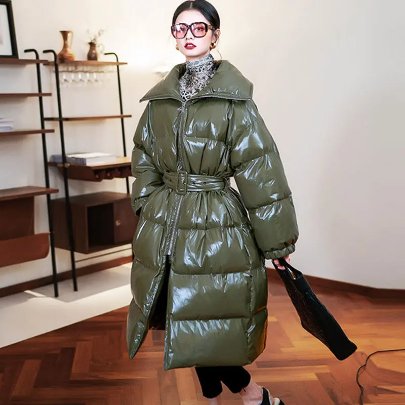

2019 Winter Coats Woman Luxury Glossy Patent Leather Down Padded Jacket Long Windproof Snow Warm Parka Female Slim Outwear 557