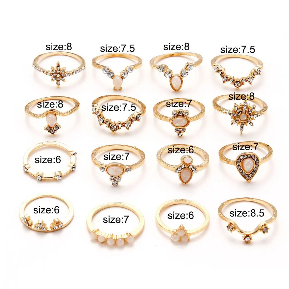 16 Pcs/set Bohemian Retro Crystal Flower Leaves Hollow Lotus Gem Ring Set Women Wedding Anniversary Gift Dropshipping
