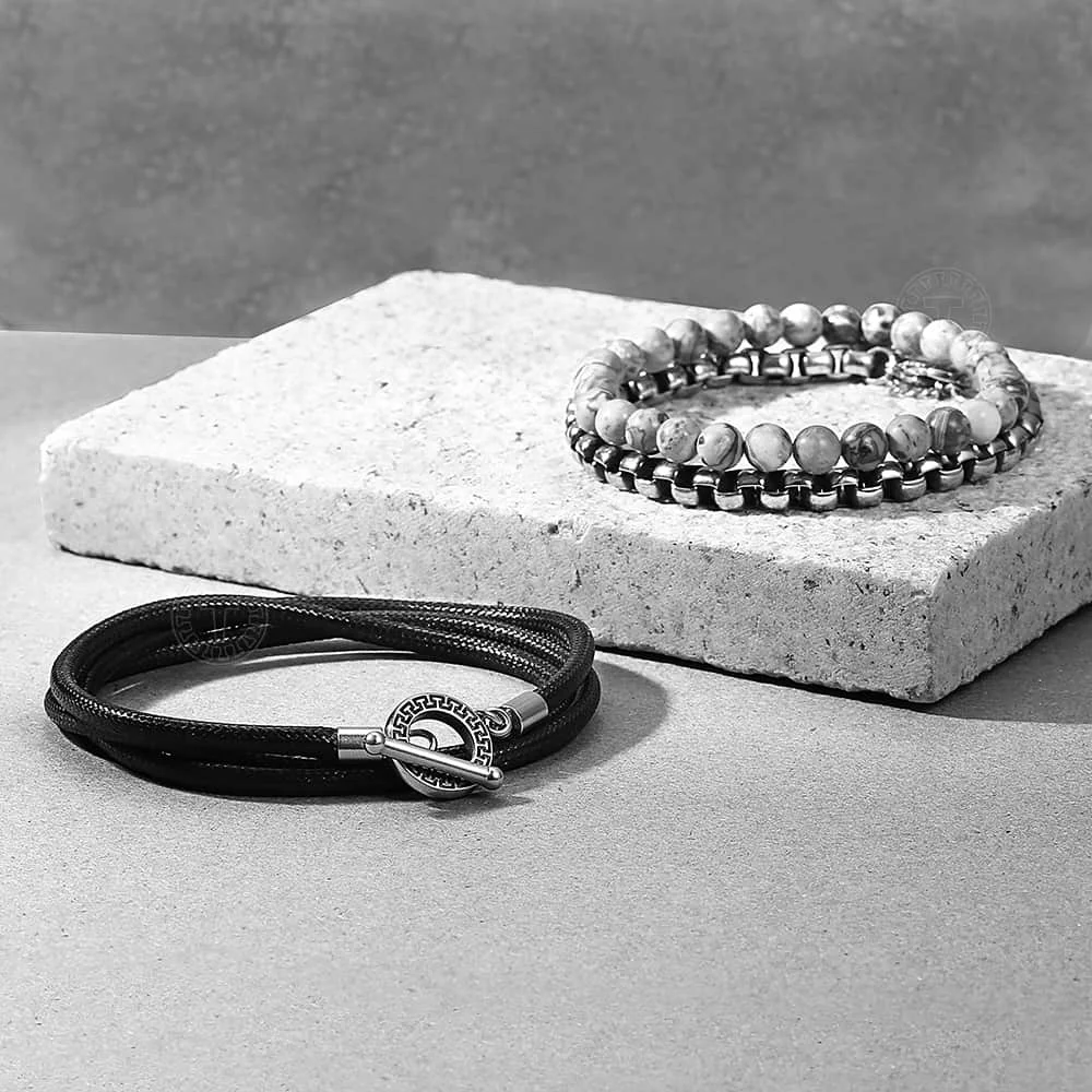 3pcs/Set Layered Bracelet for Men Women Natural Stones Beaded Stainless Steel Box Link Chain Man-made Leather Bracelet LTBX010