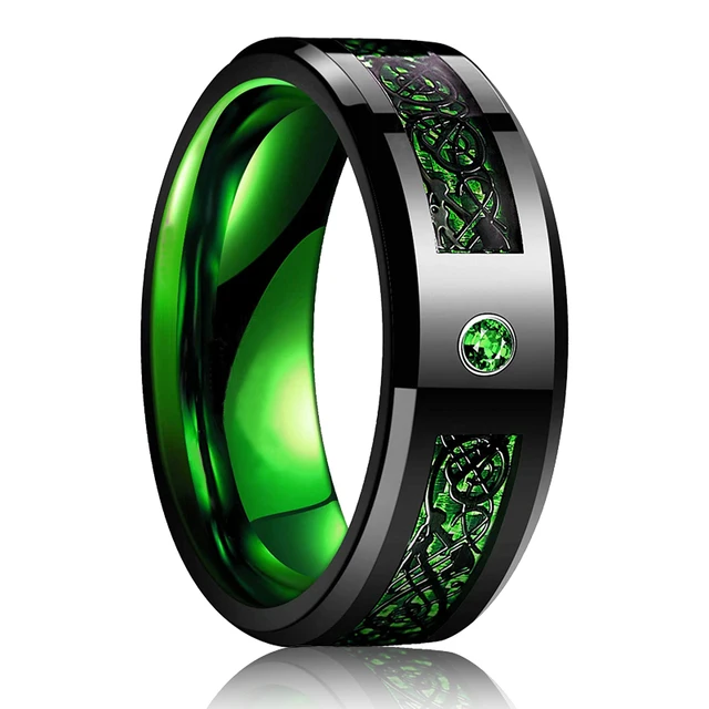 FDLK   8 Colors 8mm Men's Stainless Steel Dragon Ring Inlay Red Green Black Carbon Fiber Ring Wedding Band Jewelry Size 6-13 A Green
