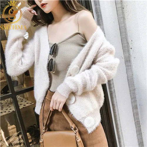 

Winter clothes women New Fashion Mohair cardigan Long Sleeve Casual Solid Color Slim Simple Single-breasted sweater cardigan
