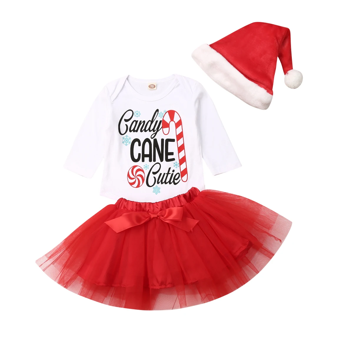 Милые рождественские комплекты одежды для маленьких девочек, комбинезон с буквенным принтом, топы+ фатиновая юбка-пачка+ шапка Санта-Клауса, 3 предмета, рождественские наряды для маленьких девочек 0-18 мес