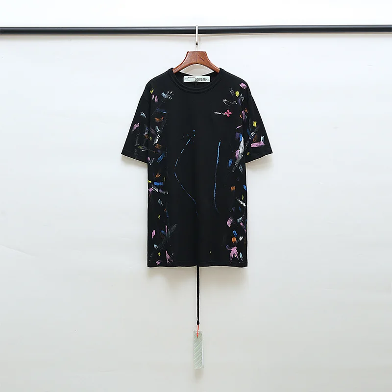 Высокое Качество OFF-WHITE Ограниченная серия ручная роспись красочные граффити парная футболка с короткими рукавами