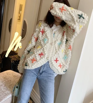 

New autumn fashion retro fresh female women thick thread hand embroidered sweet flower beading knitwear knitted sweater cardigan