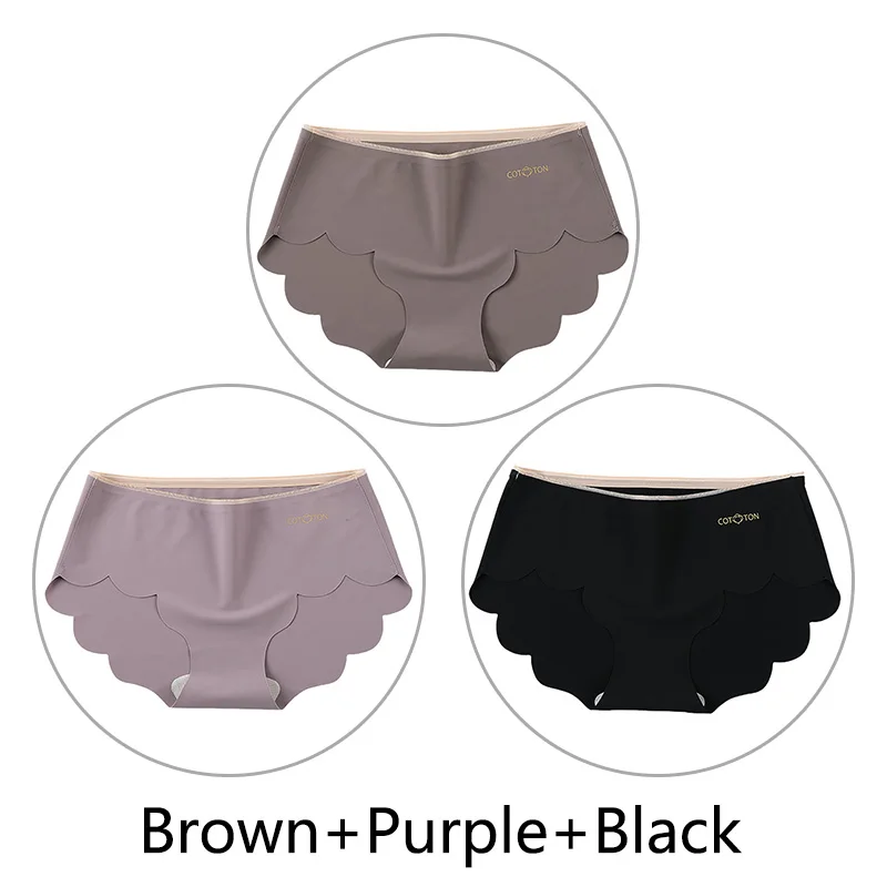 Brown Purple Black 3 шт., женские бесшовные трусы, мягкие дышащие ультра тонкие трусики, сексуальное нижнее белье со средней талией и оборками, однотонное вискозное нижнее белье - Цвет: Brown Purple Black