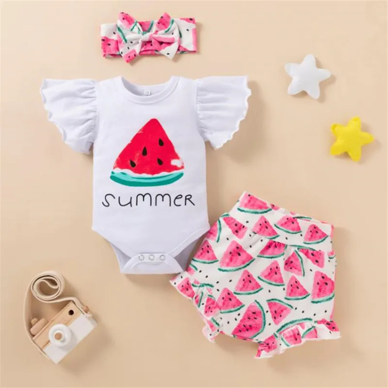 Infant Flying Sleeve Romper and Shorts Bow Headband Bee Cartoon Print Ruffle Decoration Summer Clothing for Girls 0-12 Months | Мать и