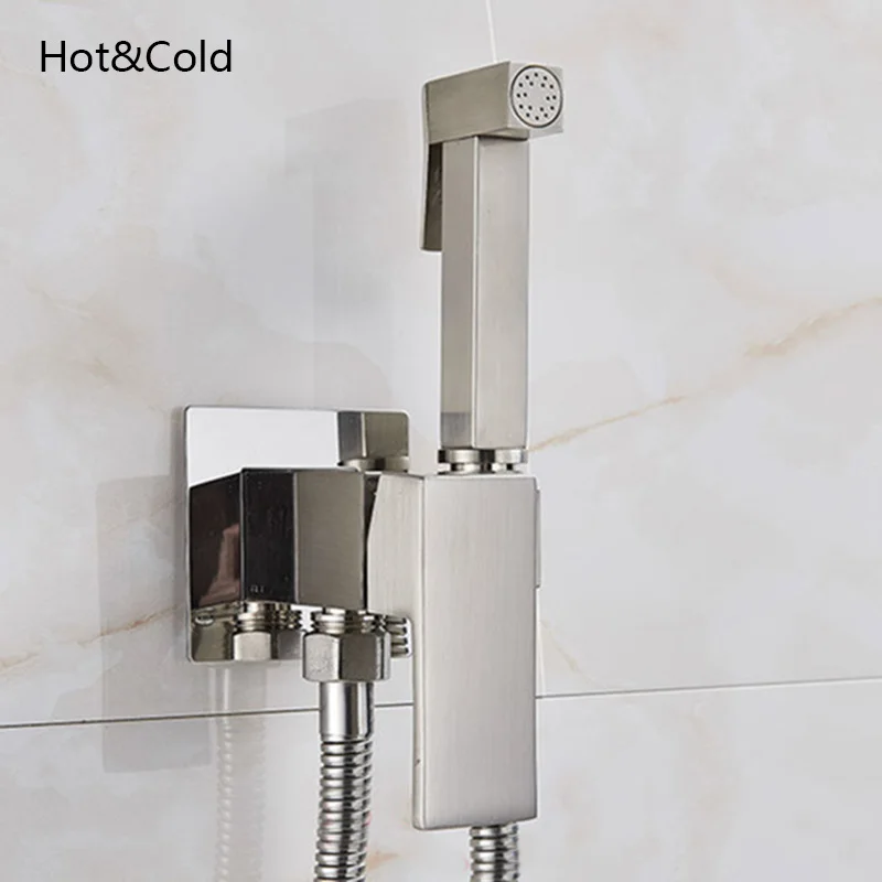 Onyzpily Bidet Faucet Golden Chrome Brass Shower Tap Washer Mixer Cold Hot Water Mixer Crane Square Shower Sprayer Head