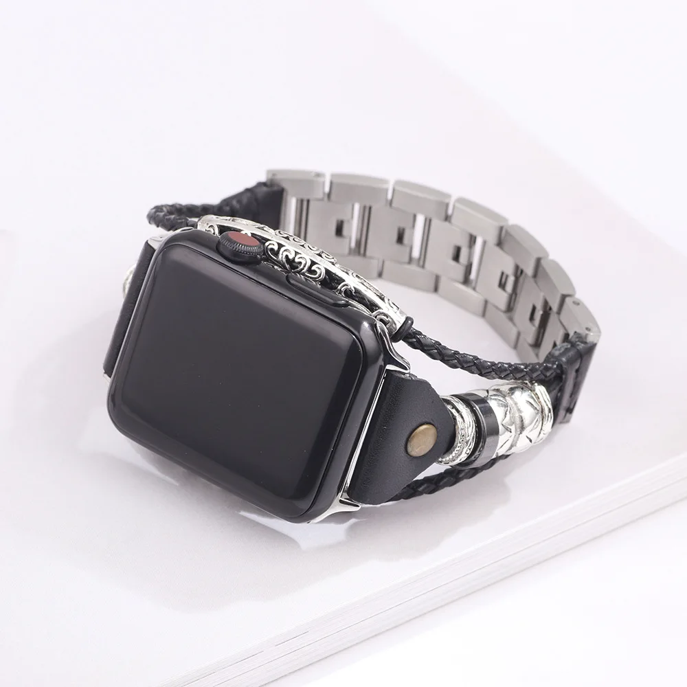 Кожаный плетеный браслет для apple watch 42 мм 44 модный из нержавеющей стали ремешок