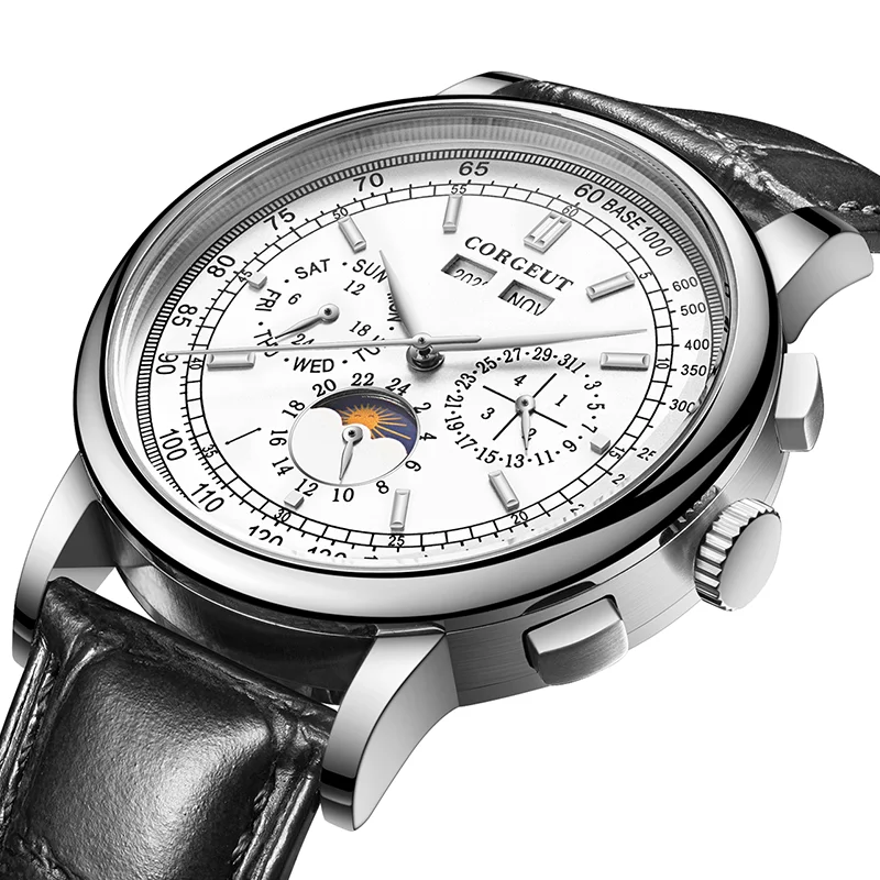 42mm Corgeut Watches Mechanical wristwatches moon Phase Watches Silver Year Day Month Week 316L SS Case Automatic Watch For men 2