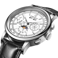 42mm Corgeut Watches Mechanical wristwatches moon Phase Watches Silver Year Day Month Week 316L SS Case Automatic Watch For men 2