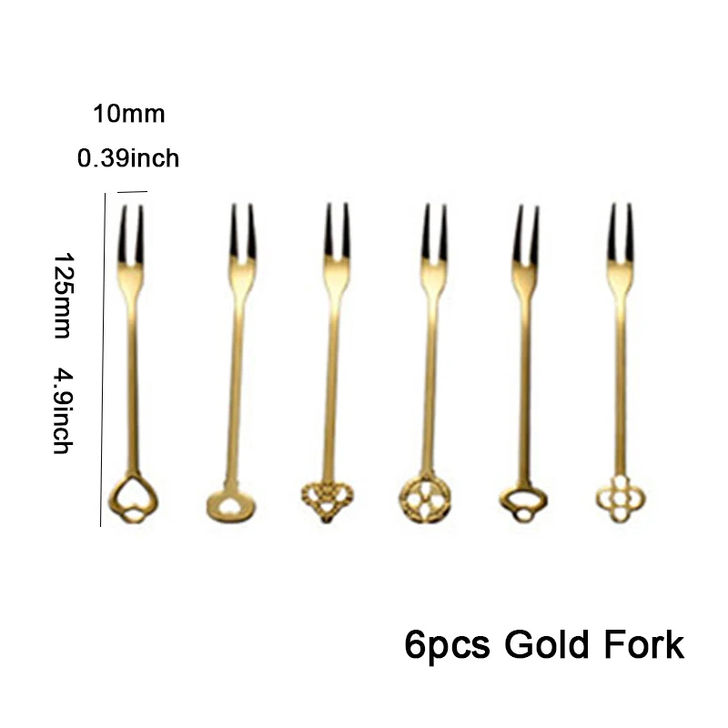 Gold Fruit Fork 6 шт., нержавеющая сталь, вилки для салата и фруктов, креативные вилки для торта, коктейля, десерта, вилки для кухни, аксессуары, столовая посуда, золотые, вечерние, для кухни - Цвет: Gold Fruit Fork