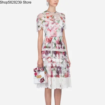 

Skirt Summer Dress 2020 Money Female Lace Crochet Flower Hollow Out Rose Printing Short Sleeve Chiffon Dress Super Fairy Slim
