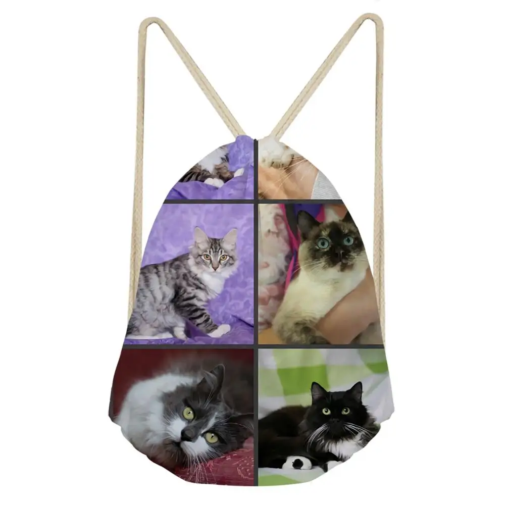Kawaii кошка печать шнурок Сумка для женщин девочек милые кошки льняная нитка Шнурок Рюкзак Дорожная сумка для хранения