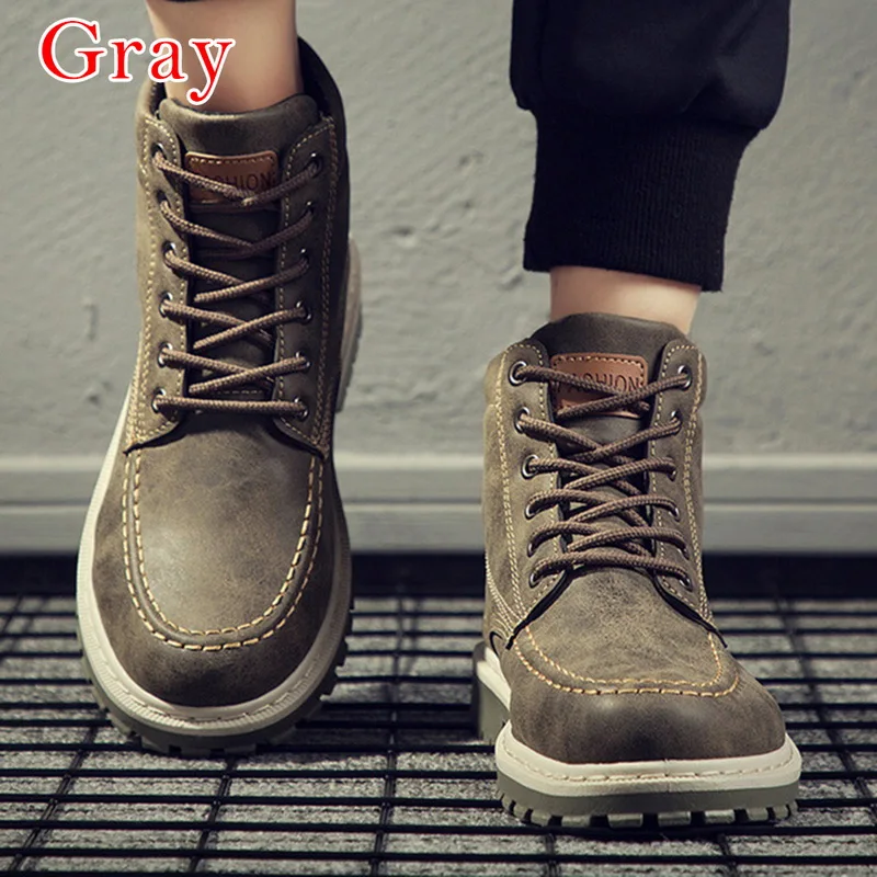 Aisput2019/зимние мужские ботинки; Новинка; модные мужские ботинки из искусственной кожи; удобные ботильоны; короткая плюшевая зимняя теплая обувь для мужчин - Цвет: gray