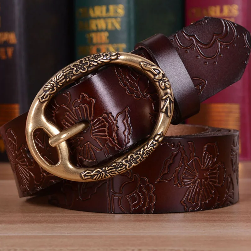 

New leather retro embossed ladies belt oval copper pin buckle belt high quality leather belt waist belts women