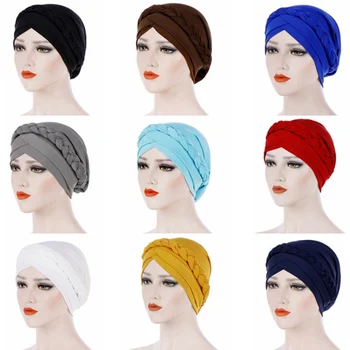 

Muslim Hat African Female Headwear Cancer Chemo Cap Turban Hair Accessories Fashion Women Solid Braided Bandanas Headscarf