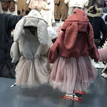 Зимние платья для девочек флисовый свитер с капюшоном и заячьими ушками платье-пачка детское Повседневное платье для маленьких девочек костюмы для детей