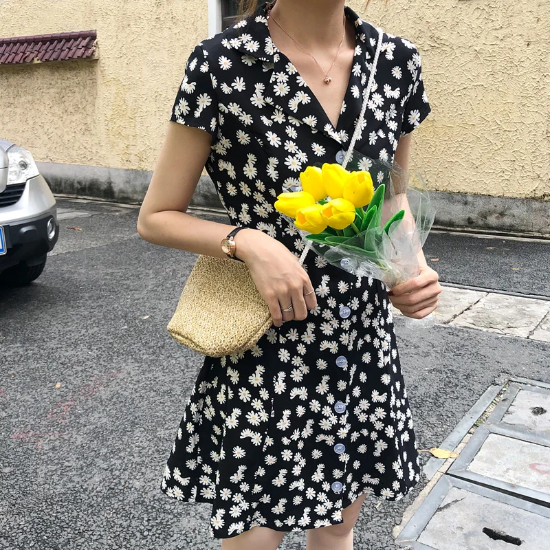 

Photo Shoot 2019 WOMEN'S Dress Summer French Elegant Little Daisy Suit Collar Floral-Print Slimming Dress