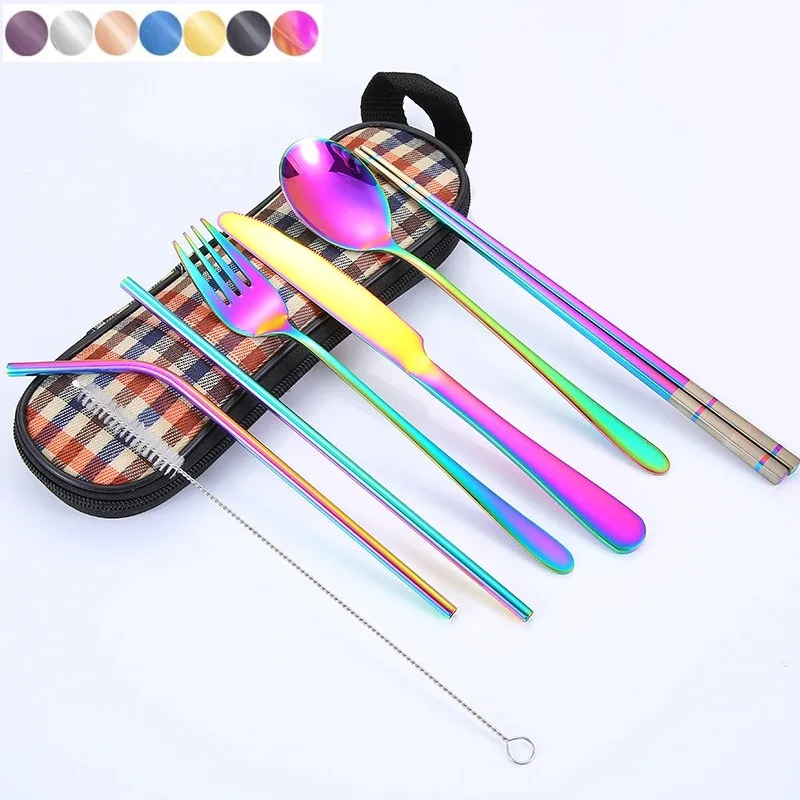 

Portable 8 pcs/set Tableware Stainless Steel Set, Silver Travel Cutlery Set, with Box and Straw,Knife, Fork, Spoon, Chopsticks